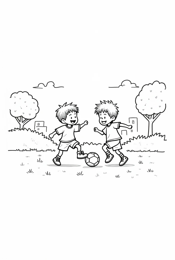 Kids coloring book page with two boys playing soccer.  The book has to be black and white for kids to color