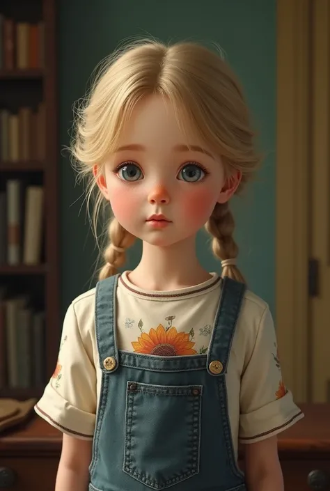 a twelve-year-old girl from the 19th century middle class USA, She was described as a tiny girl, pale and slender, with blue eyes and shoulder-length blond hair. usually wears pigtails. She usually wears a graphic shirt with a jumper or a skirt..