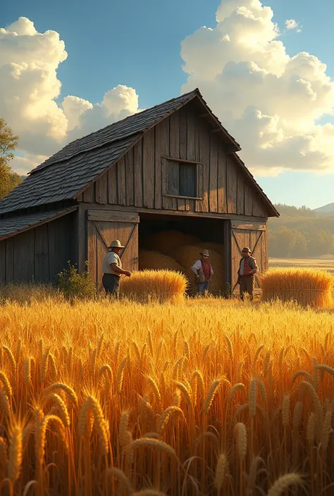 Wheat being harvested and stored in a cozy barn. The image should be bright and warm, conveying a sense of peace and security