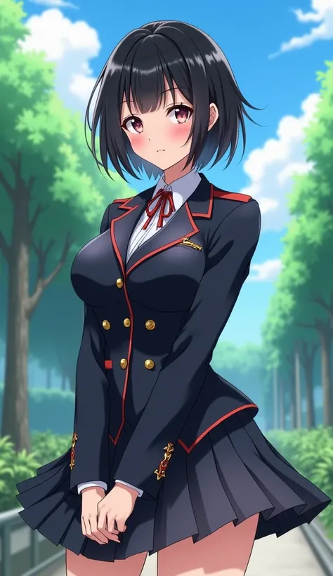 (Best Quality, 8k, 32K, masterpiece, Ultra-high resolution:1.2), Cute Japanese Girl, (Huge breasts:1.1), Short black hair, bangs,expensive, (Student Uniform), Tight waist, (Outdoor, garden, blue sky),(High school girl),