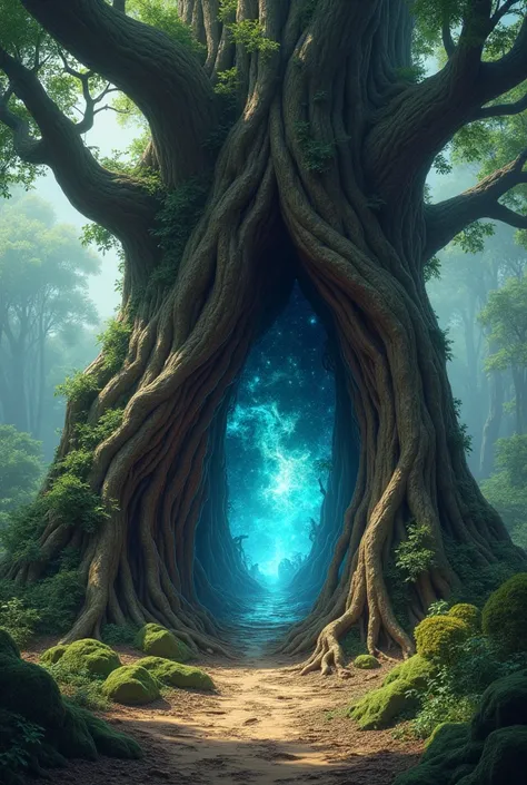 Secret door opens: The ancient trees trunk creaking open, revealing a hidden compartment, the inner side of door is like a magical world