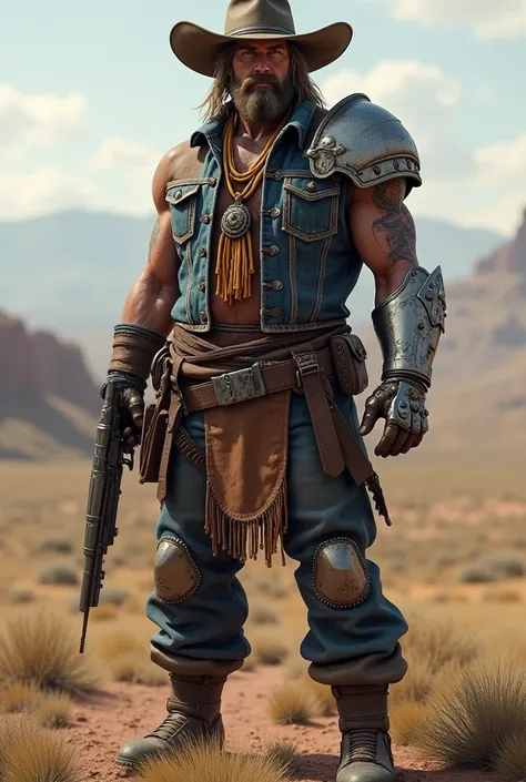 Western-themed paladin barbarian with western clothing and a cybernetic body part 
