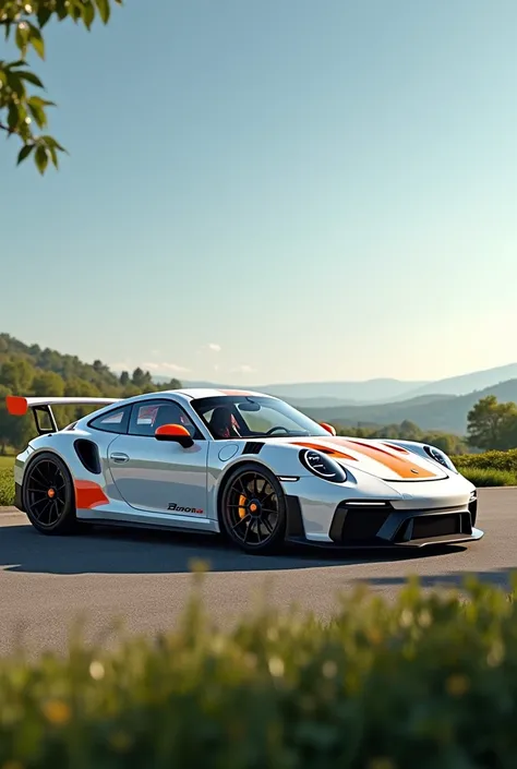 Porches 911gt3 with a spoiler white body orange interior black rims 
And a background of a bitch when the sun is shining 
