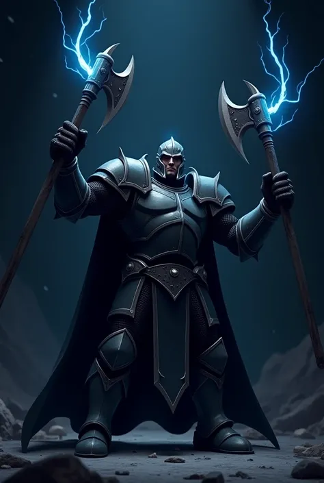 Show animated knight in black background holding an axe blue lightning design made on axe more black background small axe on 
empty hand remove one axe from right hand
Remove sheild instead give him another axe
Give him two axes in each hand