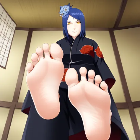 The woman (Naruto), Alone, 1girl, closed_mouth, akatsuki outfit, (akatsuki outfit:1.1), flower, hair flower, (orange eyes:1.2), black coat，Alone，In the Japanese style room，Dark gray blue hair，Soles出汗，barefoot，Perfect feet，Five toes per foot，Low Angle，Soles...