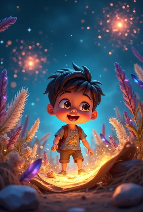 Treasure trove: Max (a curious boy) discovering a treasure trove of glittering crystals, shimmering feathers, and a map, with a look of wonder and excitement, sparkling stars around him, and a few fireworks exploding in the distance