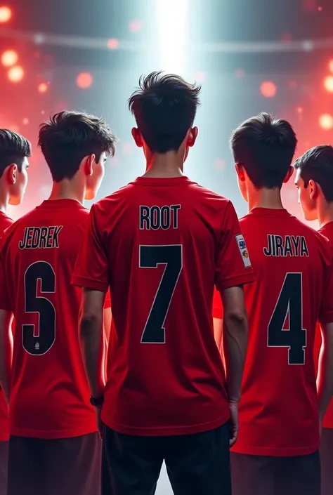 Five teenagers with a red e sports jersey showing backside with the name in the center JEDREK followed by ROOT and SCAR in either side and JIRAYA and ZENITSU 