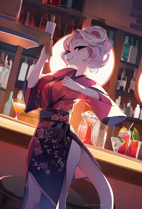 High quality, Best quality, high quality illustration, Masterpiece, Ultra high resolution, Detailed background, bartender, bar, cocktail, nonsense, Perfect anatomy, Expression, Good lighting, Shadows in movies(Kimono, Anthroferry)Dynamic angle,