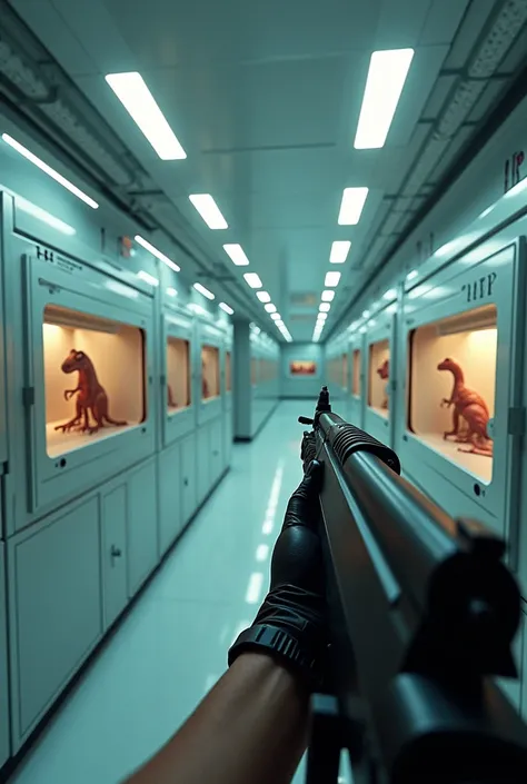 First person perspective holding an assault rifle, laboratory with dinosaur fetuses inside incubators 