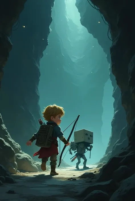  5 feet Boy with gandiva bow and robot with one box carrying  and are running from the dark cave long view
