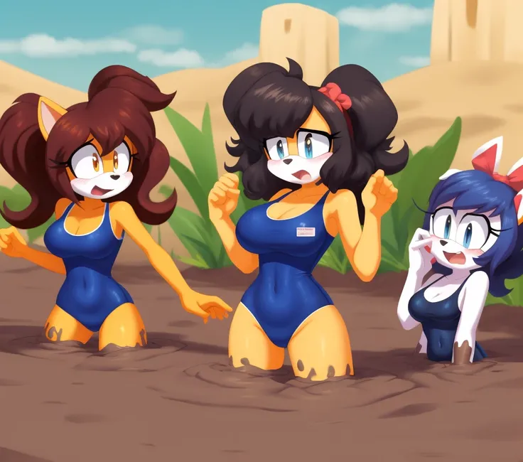 Mobian girls, best quality, HD, full body, large breasts, sexy breasts girl, puppy girl, floppy ears, glasses, hair, group lined up, group together, 10girls, group peril, multiple girls, 5girls together, hair, 10girls in quicksand, hair, dripping, twintail...