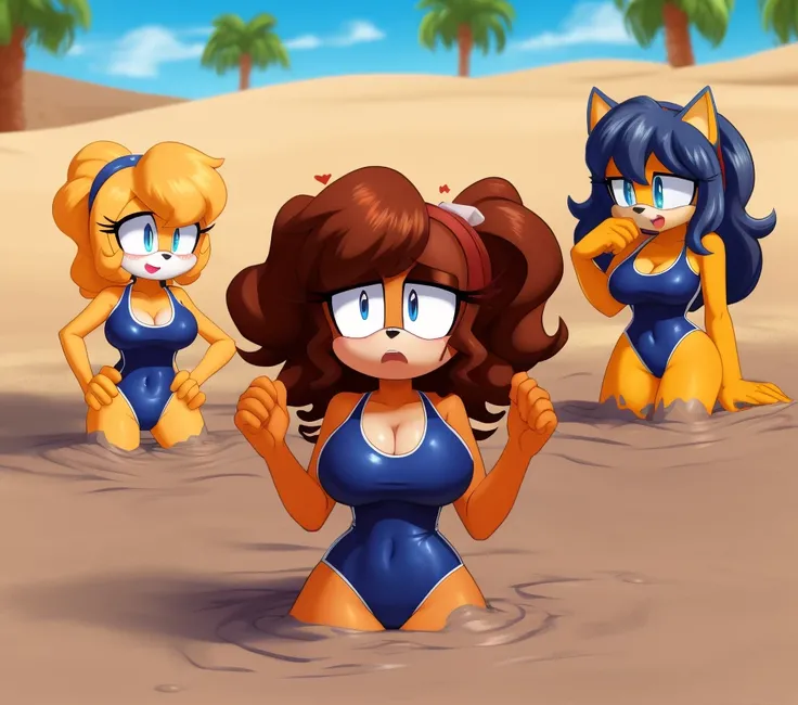 Mobian girls, best quality, HD, full body, large breasts, sexy breasts girl, puppy girl, floppy ears, glasses, hair, group lined up, group together, 10girls, group peril, multiple girls, 5girls together, hair, 10girls in quicksand, hair, dripping, twintail...