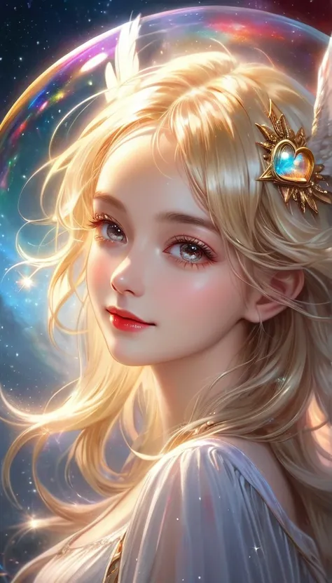 In a golden transparent glass bubble, Dark Star Background, Beautiful blonde 2 angel with a red heart, k resolution super detailed,Angel halo, ship in the heart, Surreal, dream-like, Cosmic, Vibrant colors, Ethereal glow, Intricate details, Smooth, Mysteri...