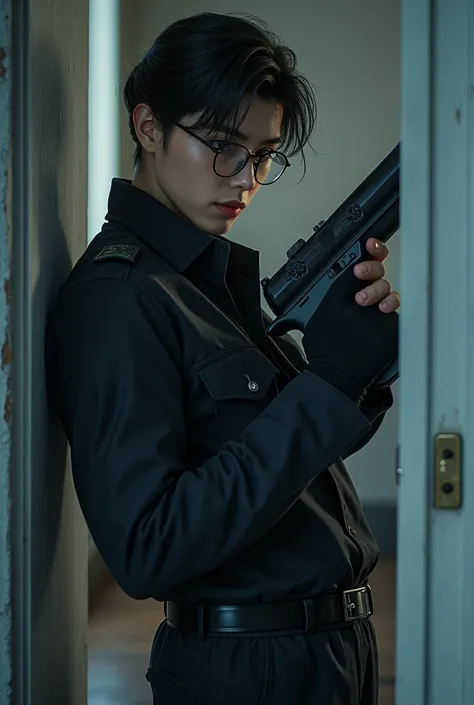  Bodyguard stands holding a gun in both hands, ready to shoot secretly from the wall, facing the door. Anime boy.





