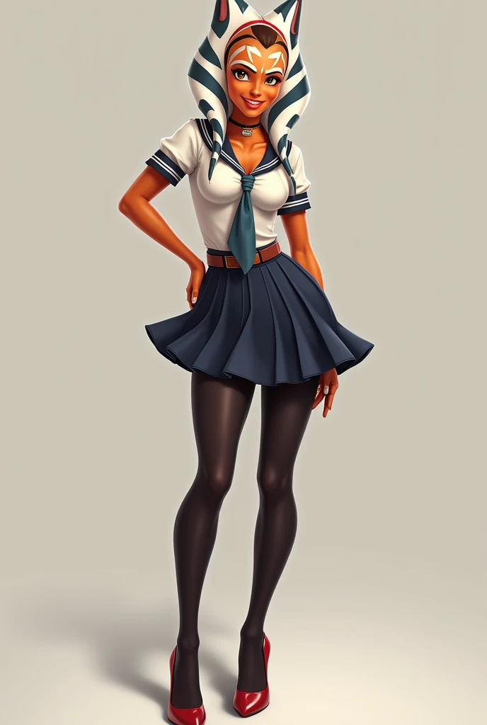 Ahsoka Tano, Ahsoka Tano from Clone Wars tv show, black pantyhose, school uniform, black high heels, smiling, looking at camera, black pantyhose