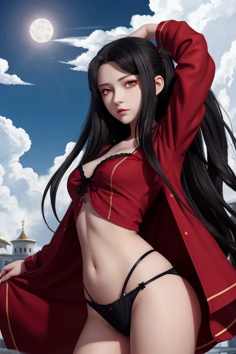  girl flying , Teen girl(1.5) , queens blade,  russian girl, rin tohsaka style, black hair, red eyes, detaleid face,  pajamas mini cropped and panties style, rich, princess, full body ,background in sky