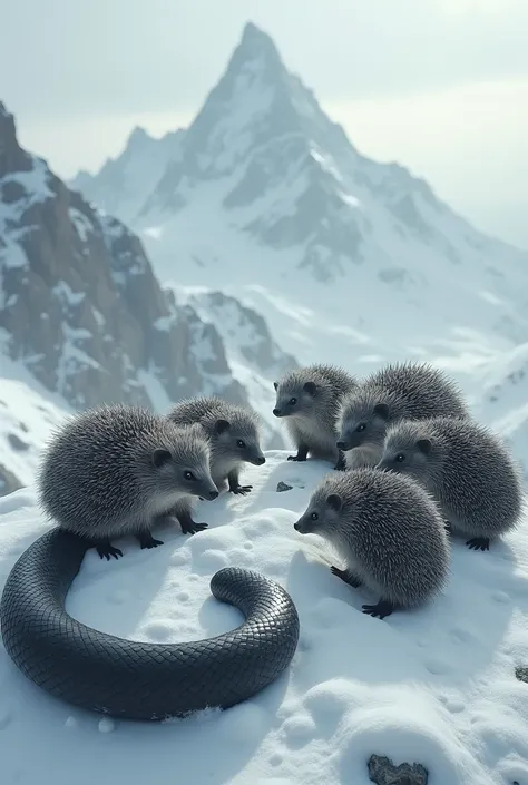 Many grey hedgehog come to help one grey hedgehog and kill the black snake on snow Mountain ai image