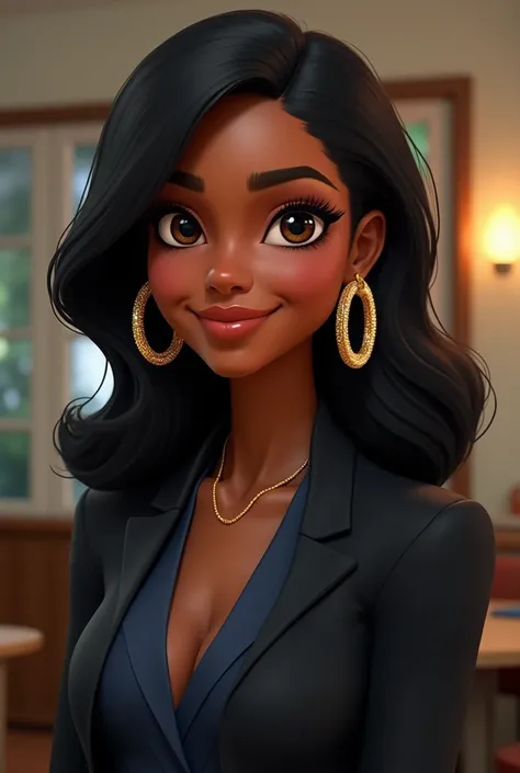 Well I want a Bratz type image, a super beautiful black Pixar image with medium-long hair with big shiny earrings with dark brown eyes and dressed in a black or blue suit because she is a teacher and teaches classes to school children..