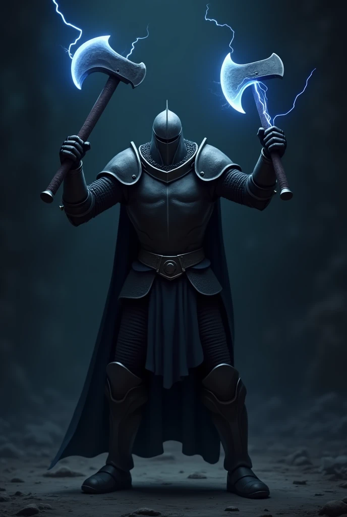 Create an animated knight in dark black background give him axe in both hands one small one big put blue lightning design on one axe