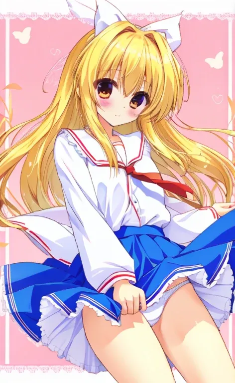 Beautiful long blonde　Cowboy Shot　haruhi_srf　white long sleeves shirt and blue collar, blue skirt　red tie　skirt tug　Wind　Wind lift　White panties　Shyness