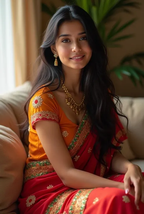 Prompt - beautiful cute young attractive American, village girl, 2, cute, Instagram model, long black_hair, colorful hair, warm, dacing, in home sit at sofa, America, wearing Indian traditional clothes