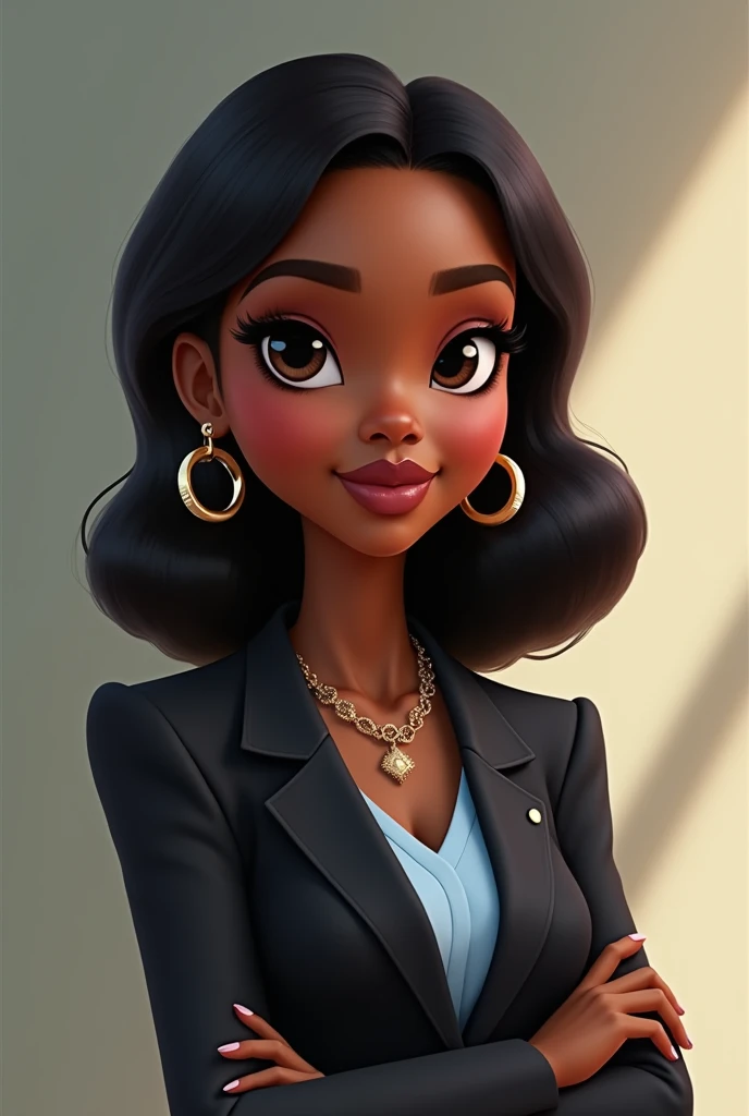 I want a pixar image of a super beautiful black bratz with medium-long hair with big shiny earrings with dark brown eyes and who is dressed in a black or blue suit because she is a teacher and teaches classes to school children..