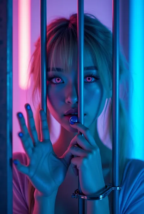 background is blue purple neon lit room.an incredibly beautiful very young skinny Asian woman with blonde bangs and pigtails.upturned eyes with radiating pink contact lenses.shiny bluepurple eyeshadow.matte bluepurple nailpolish.she is behind a glass wall ...