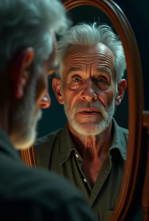 Create a 4k photo of an elderly man looking in the mirror and seeing a smiling young man in the mirror&#39;s reflection.