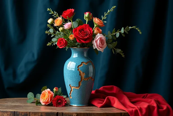 Professional and amazingly realistic photo of a blue ceramic vase broken in the middle in the shape of a map of Morocco, with various flowers on a wooden table, and a red dress on the table as if it were the flag of Morocco, flowers attached inside, close-...