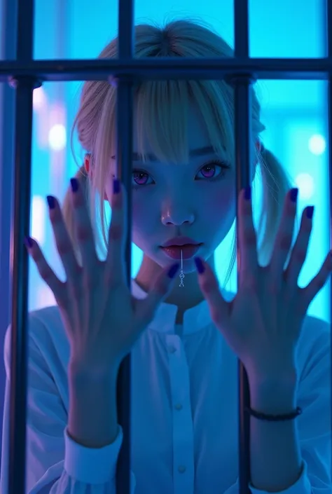 background is blue purple neon lit room.an incredibly beautiful very young skinny Asian woman with blonde bangs and pigtails.upturned eyes with radiating pink contact lenses.shiny bluepurple eyeshadow.matte bluepurple nailpolish.she is behind a glass wall ...