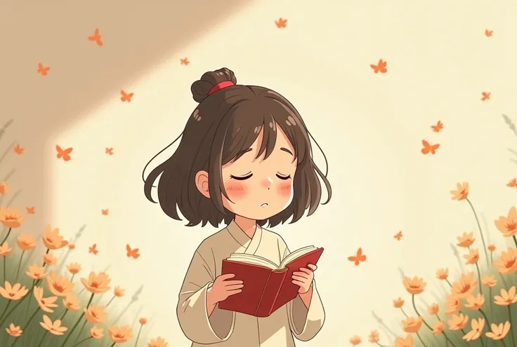 1 girl with eyes closed，Recite ancient poems，Cartoon，可爱Cartoon，可爱Cartoon风格，Cute illustration，Clean anime art，Simple background