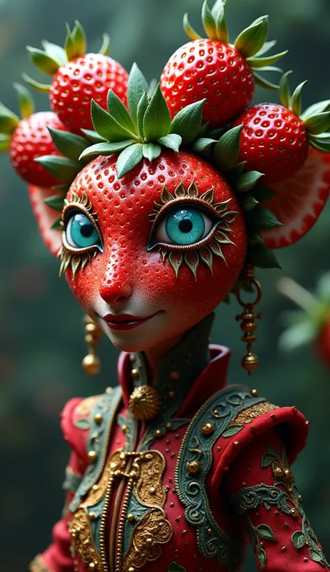 a highly detailed supernatural creature strawberry, alice in wonderland, extremely detailed and ornate costume, 4k 8k hyperrealistic masterpiece, intricate and lavish, ornate and fantastical, vibrant colors, dramatic lighting, fairy-tale-like quality, surr...