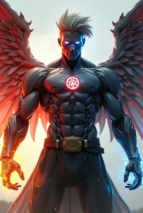 A half-robot human has very large muscles on his chest there is an elemental symbol A very large body has red and white wings his left hand has the element of light The right hand has the element of darkness has cool hair Does not wear a shirt 