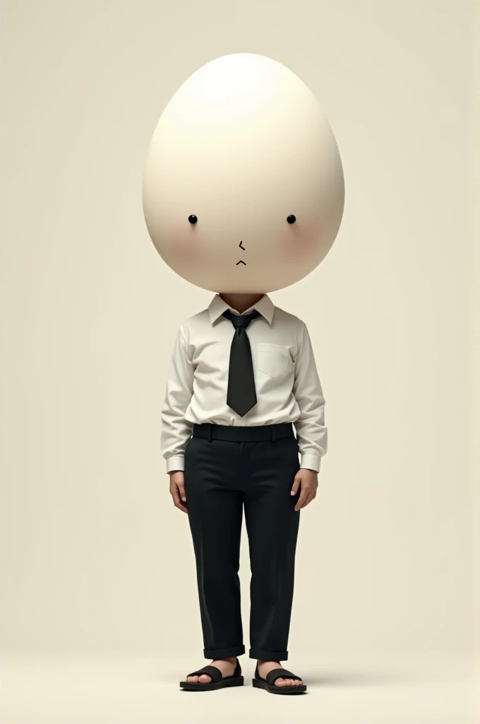 A egg face with white shirt tucked in with blac tie black pant and chappal