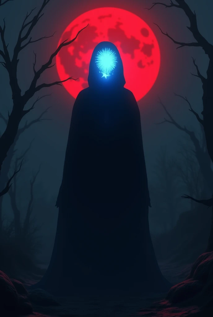 completely black human with only his head glowing blue on a dark background only lit by the blood moon