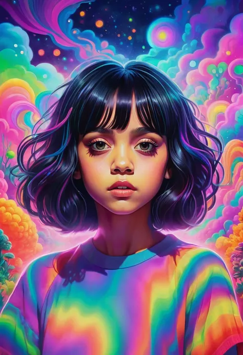 Psychedelic and Cartoon Styles. Jenna Ortega, in a cartoon illustration style with neon colors, is enveloped in iridescent mist while vibrant colors of a psychedelic environment surround her. Her short black hair with bangs, large dark eyes and hallucinate...