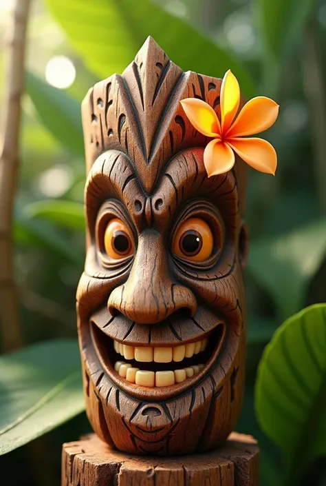 
a smiling wooden tiki head that wears a monoi flower on the back of its head