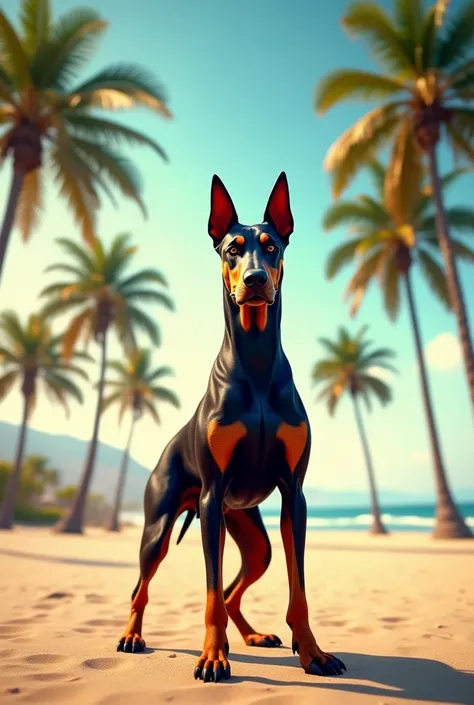 Doberman centré au milieu avec en arrière plan une plage et des palmiers style californien avec écrit au milieu Dogg CBD Shop 
