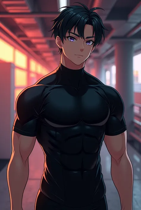 ((quality)), ((art)), ((best)), ((anime)), ((detailed)), 1 ((boy)), wears a ((shirt)), ((tight))), ((second skin)) style, made of a ((black synthetic)), ((shiny)) material that highlights his ((musculature)) The fabric appears to be strong and flexible, fi...