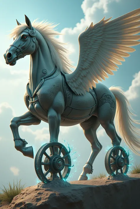 A horse with wheel and wings