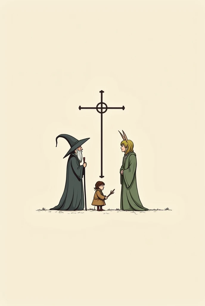 a shirt print, a minimalist drawing of the lord of the rings, but with the title "the lord of lords" with a cross in the middle, symbolizing christ. A parody, with 3 people who are: gandalf o mago, um hobbit, small, with his hairy, shoeless feet and Legola...