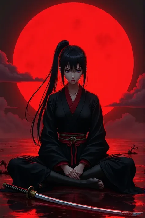 Black, red female samurai with long Japanese ponytail and grim expression sitting cross-legged in a blood moon night with a black and red, blood-stained, drawn katana, that lies before, in front of the blood moon and meditates in anime style