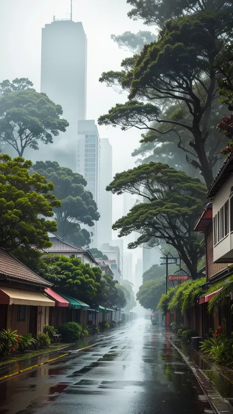 streets covered by very high trees,
tropical mid size sea side city,
tropical vegetation,
rainy climate,
dew,
wet,
smoth fog,
smoth steam,
warm colors,
noon shot,