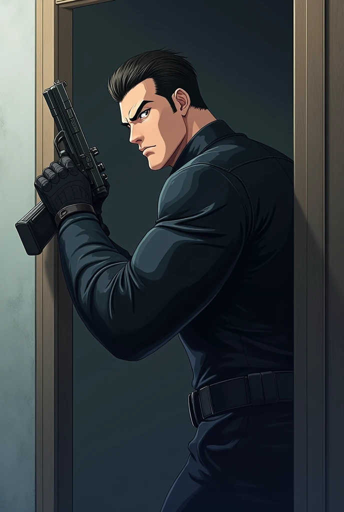  Bodyguard stands holding a gun with 2 hands, ready to shoot, hiding beside the wall, facing sideways, facing the door, male anime





