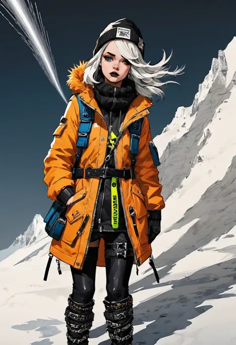 In the dim, foreboding world of Naturepunk, an intrepid British adventurer stands among the towering mountains, clad in a mountain climber outfit with a Pop Punk aesthetic and a touch of Nordic flair features a rugged, insulated jacket with bold, graffiti-...