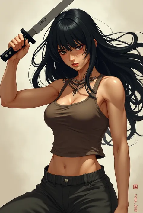 Strong Japanese Woman, with long hair and bangs using a knife, with a brown tank top and pants with a tattoo on his neck 