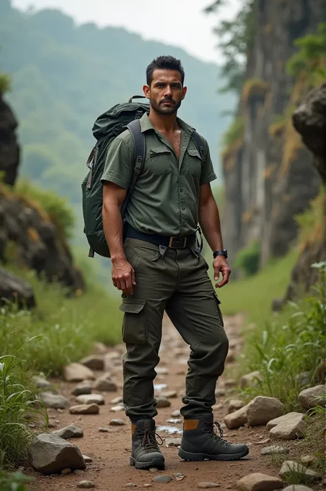 A 4 Colombian man with short hair and moreno skin, weighing 80 kilograms with a leaner, more slender build. He is dressed in hiking gear, including hiking boots, a breathable shirt, cargo pants, and a backpack. His facial features reflect a more typical Co...