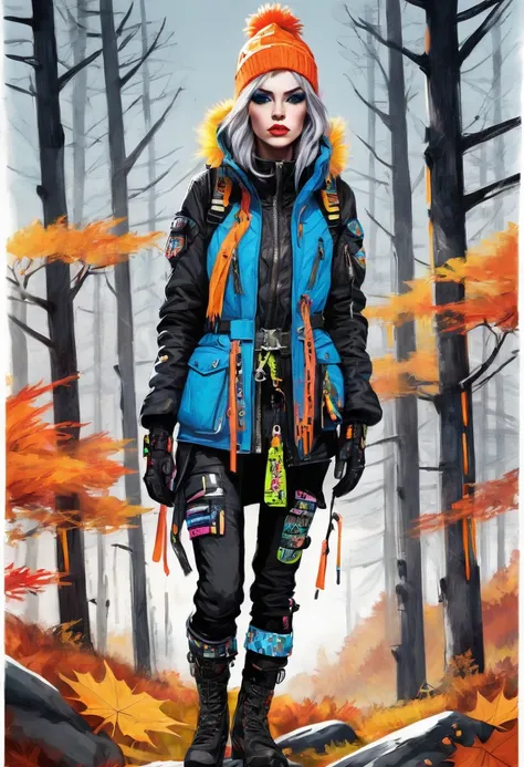 In the dim, foreboding world of Naturepunk, an intrepid British adventurer stands among the towering mountains, clad in a mountain climber outfit with a Pop Punk aesthetic and a touch of Nordic flair features a rugged, insulated jacket with bold, graffiti-...