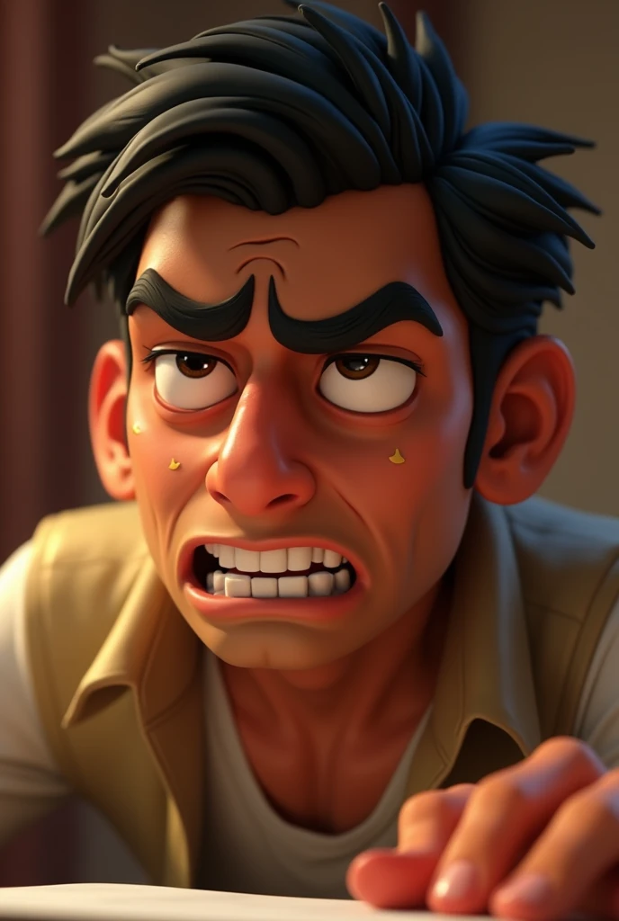 Generate 3d cartoon cinematic **Close-up of Arjun’s tired face** - Sweating and struggling with the work.