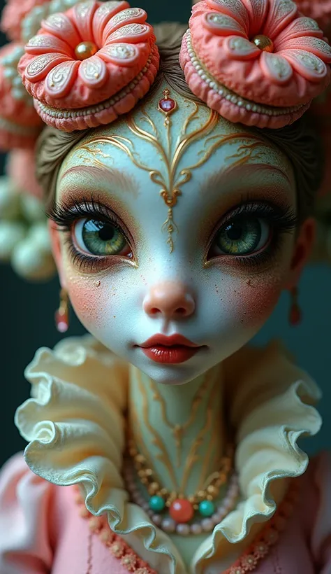 a supernatural macaroon creature from wonderland, intricate detailed costume, 4k 8k hyperrealistic, masterpiece, beautiful detailed eyes, beautiful detailed lips, extremely detailed face, ethereal, whimsical, vibrant colors, ornate details, fantastical, hi...